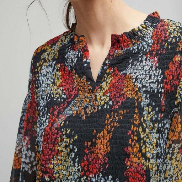 Anthropologie Floral Blouse Womens XS V-Neck Smocked Long Sleeve Relaxed Tunic - Picture 12 of 15